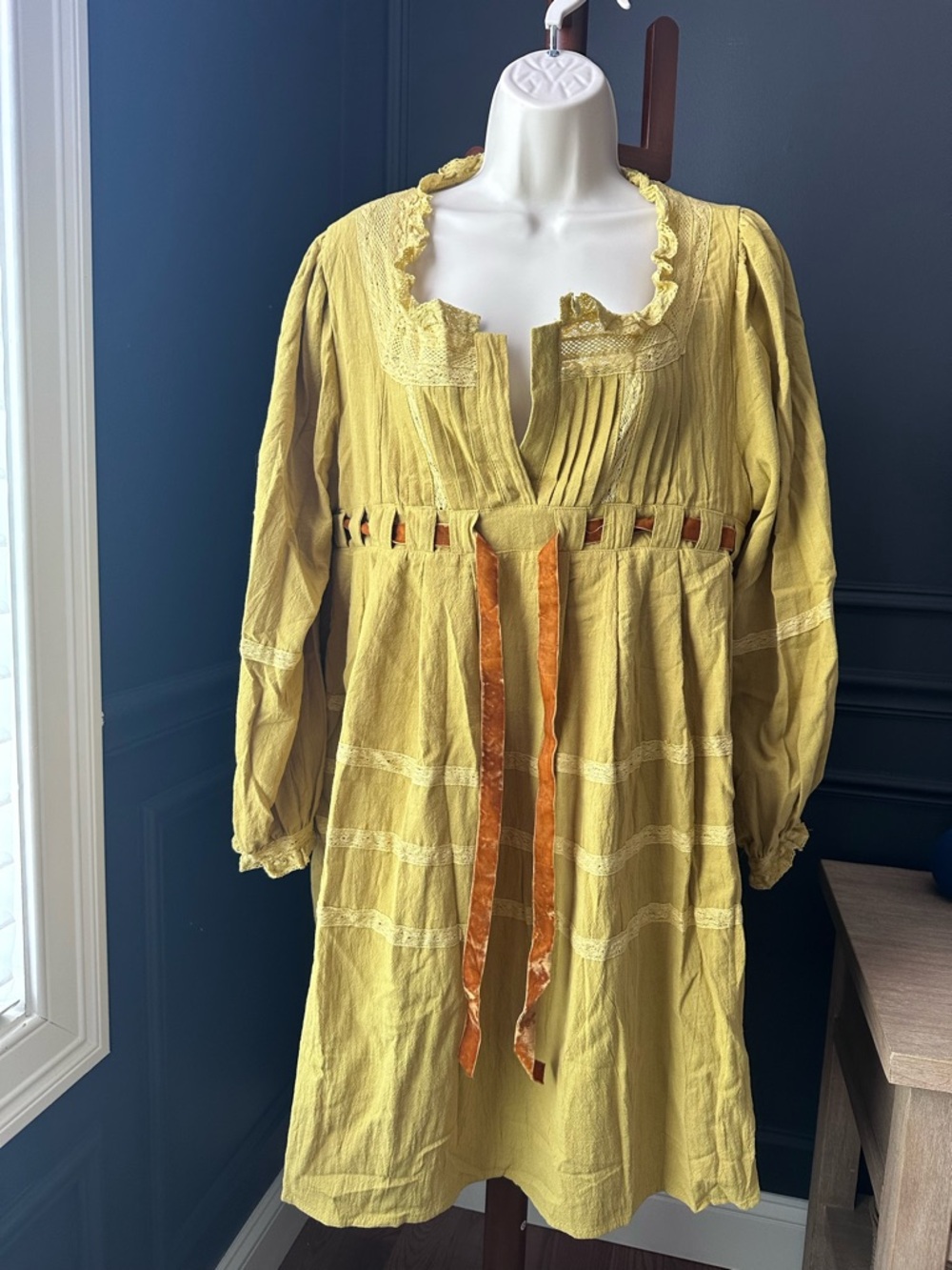 Mustard Yellow Peasant Tunic Oversized Dress with Orange Ribbon Detail S
